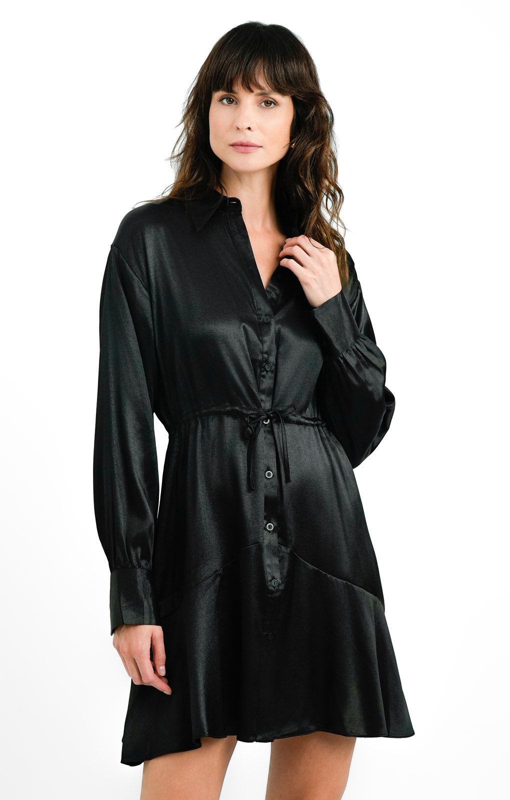 Topshop Tall Satin Tie Mini Shirtdress In Black