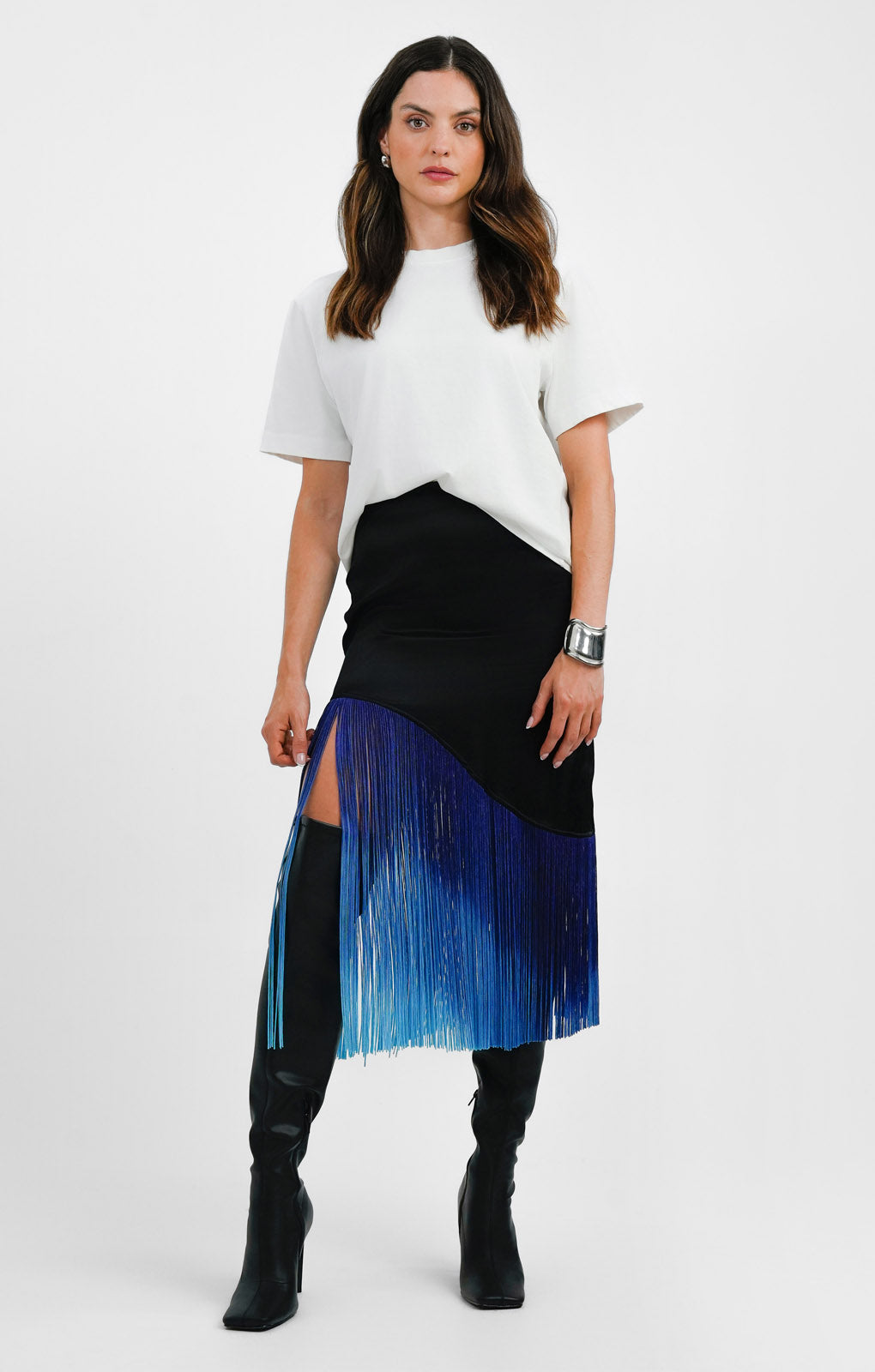Topshop Ombre Fringe Midi Skirt In Blue And Black