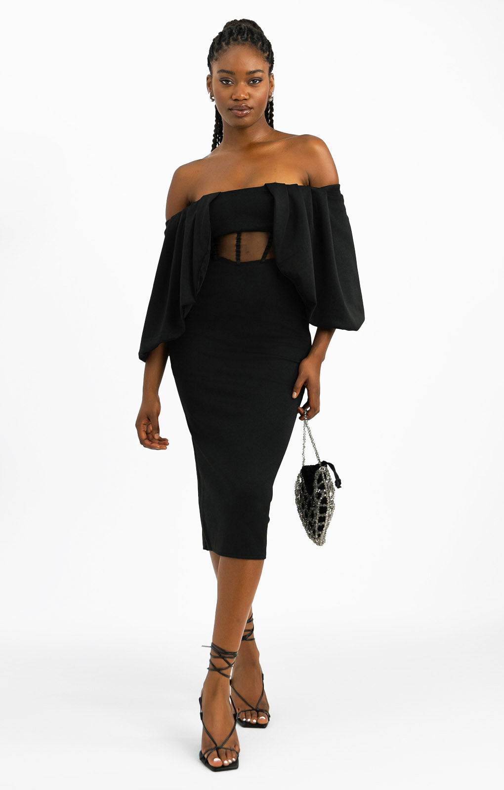ASOS DESIGN Off Shoulder Draped Sleeves Corset Mesh Insert Midi Dress In Black