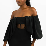 ASOS DESIGN Off Shoulder Draped Sleeves Corset Mesh Insert Midi Dress In Black