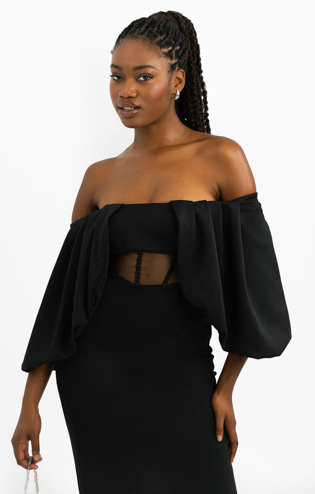 ASOS DESIGN Off Shoulder Draped Sleeves Corset Mesh Insert Midi Dress In Black