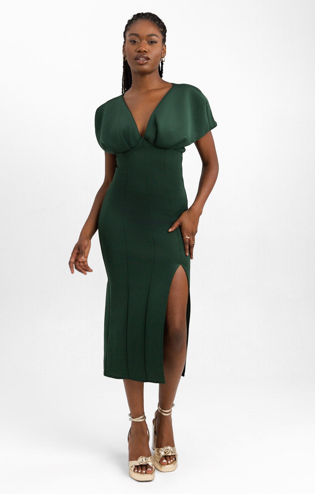 ASOS DESIGN Tall Plunge Neck Dropped Shoulder Pencil Midi Dress In Forest Green