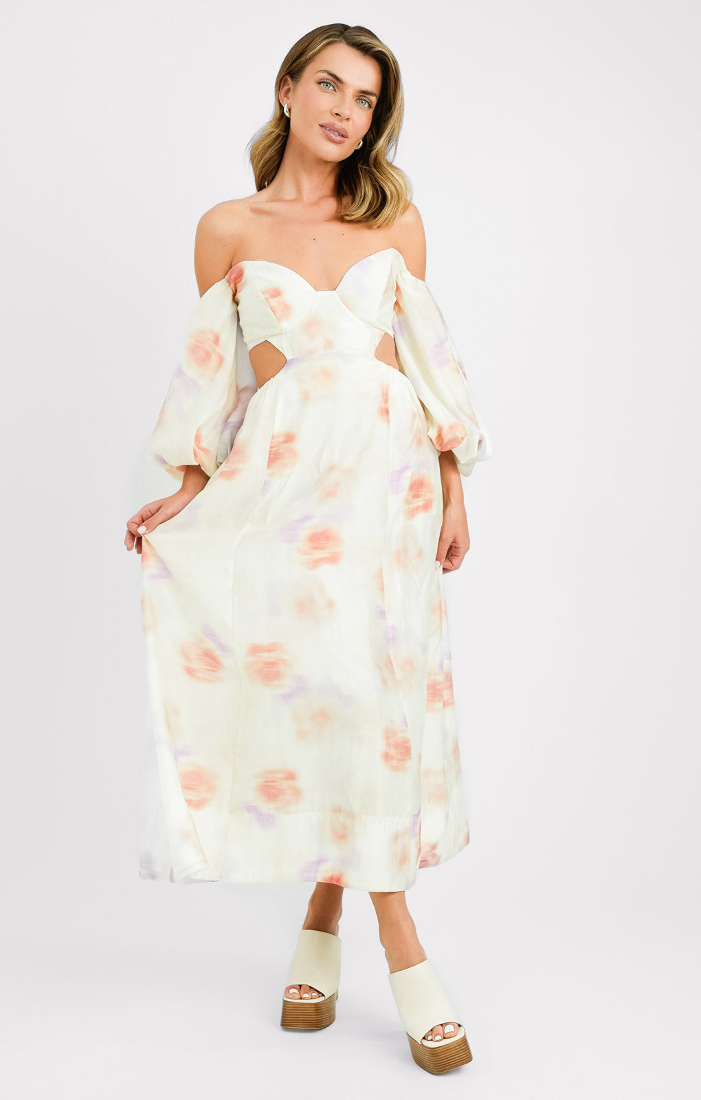 Bardot Balloon Sleeve Cut-Out Maxi Dress In Painterly Floral