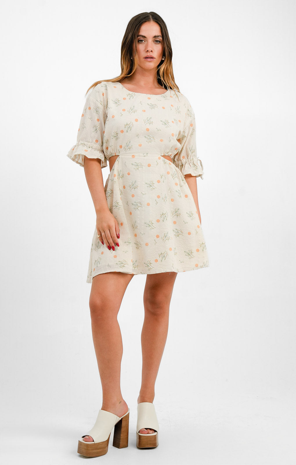 Native Youth Printed Seersucker Cut-Out Detail Mini Dress In Ecru