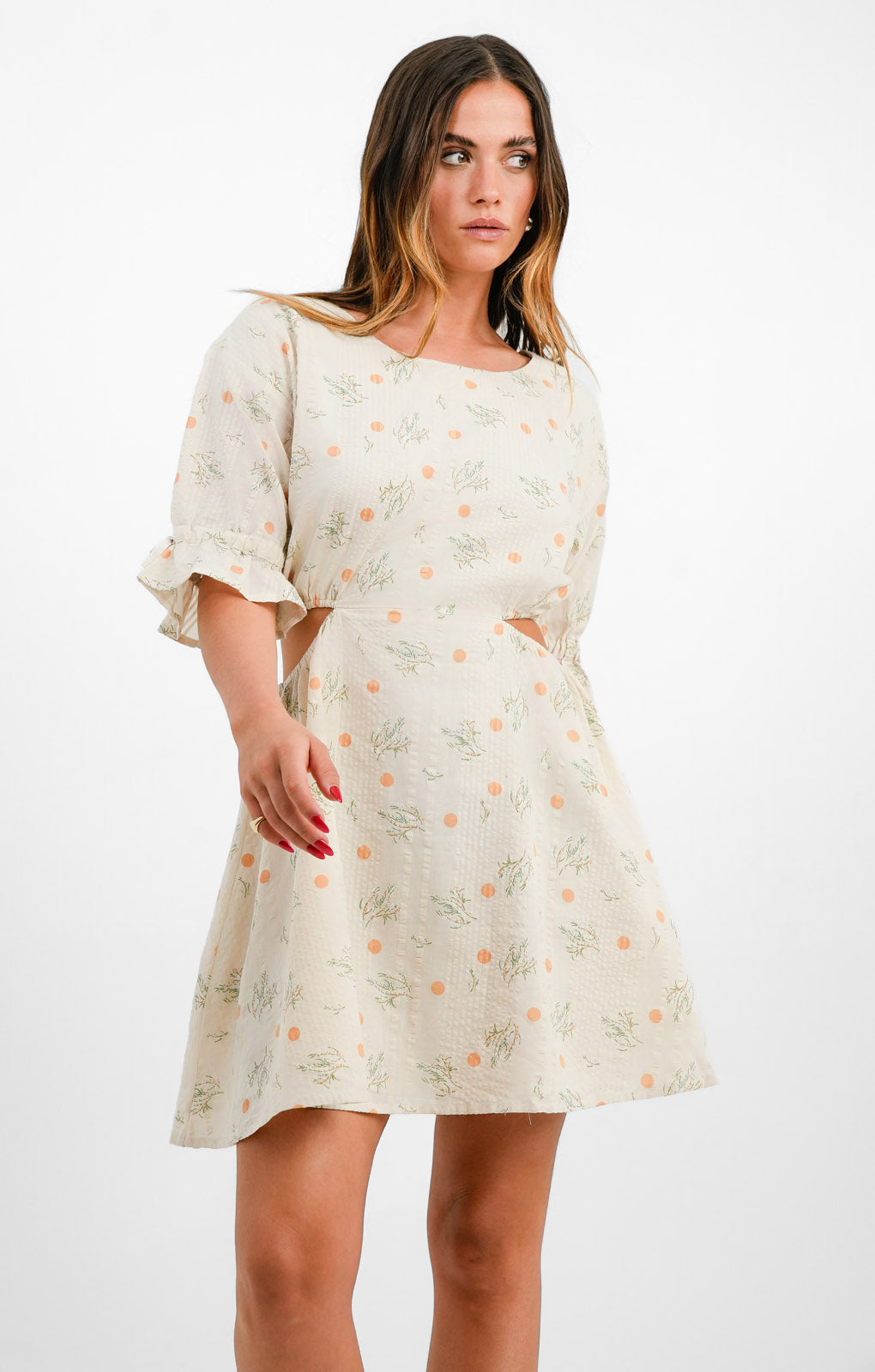 Native Youth Printed Seersucker Cut-Out Detail Mini Dress In Ecru