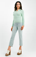 Ribbed Knitted Polo Top With Gem Collar In Mint