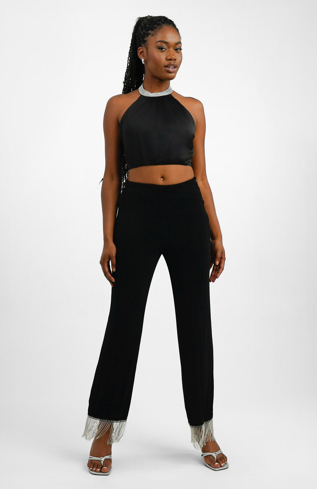 NA-KD x Mimi Ar Co-Ord Trousers With Fringe Detail In Black Glitter