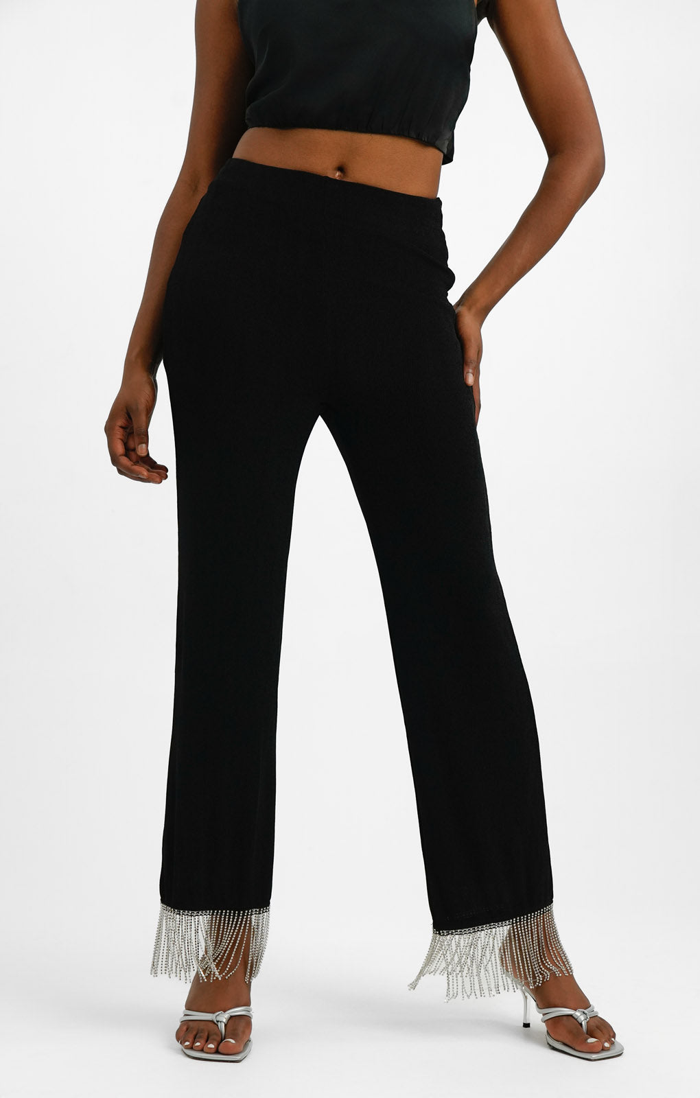 NA-KD x Mimi Ar Co-Ord Trousers With Fringe Detail In Black Glitter
