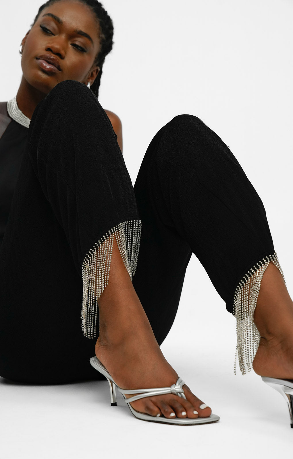 NA-KD x Mimi Ar Co-Ord Trousers With Fringe Detail In Black Glitter