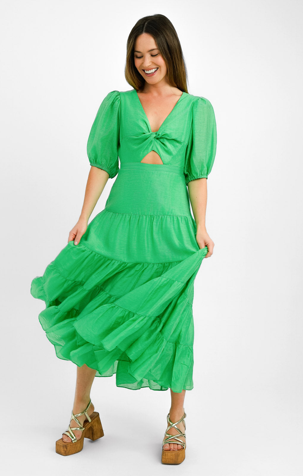 Forever New Petite Short Sleeve Cut Out Maxi Dress In Green