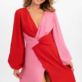 Pretty Lavish Knot Front Contrast Midaxi Dress In Pink And Red – dresses by Pretty Lavish, available to rent from Hirestreet