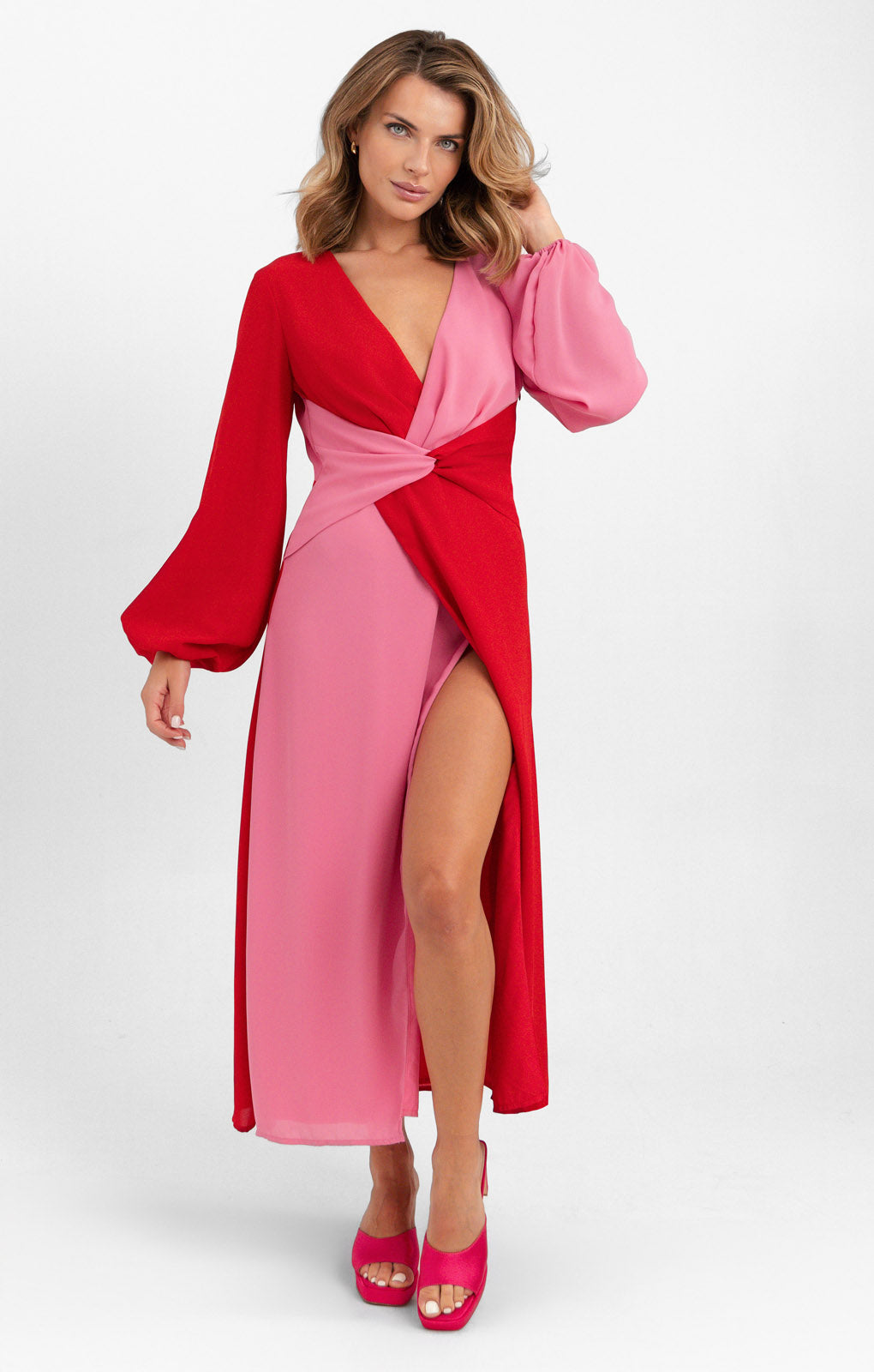 Pretty Lavish Knot Front Contrast Midaxi Dress In Pink And Red – dresses by Pretty Lavish, available to rent from Hirestreet
