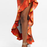 Rare London Satin Cowl Neck Ruffle Thigh Split Maxi Dress In Red Blur Print