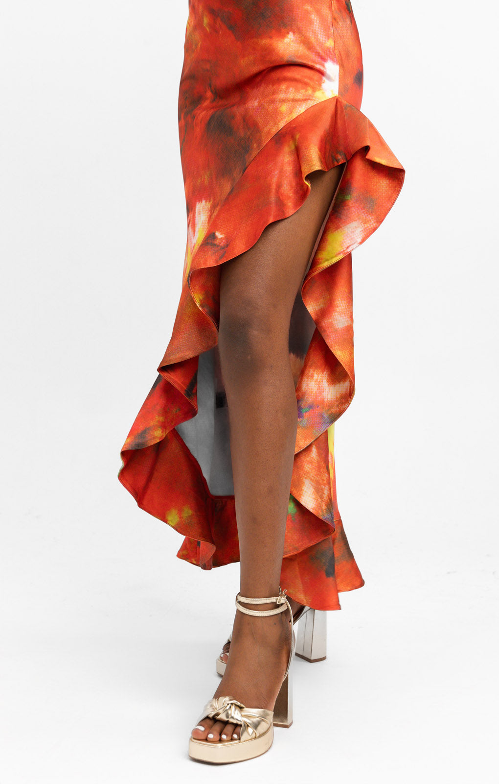 Rare London Satin Cowl Neck Ruffle Thigh Split Maxi Dress In Red Blur Print