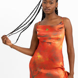Rare London Satin Cowl Neck Ruffle Thigh Split Maxi Dress In Red Blur Print