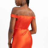 Rare London Satin Bardot Corset Detail Midi Dress In Red