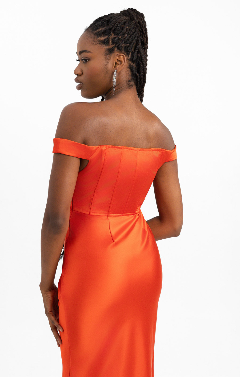 Rare London Satin Bardot Corset Detail Midi Dress In Red