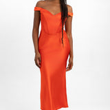 Rare London Satin Bardot Corset Detail Midi Dress In Red