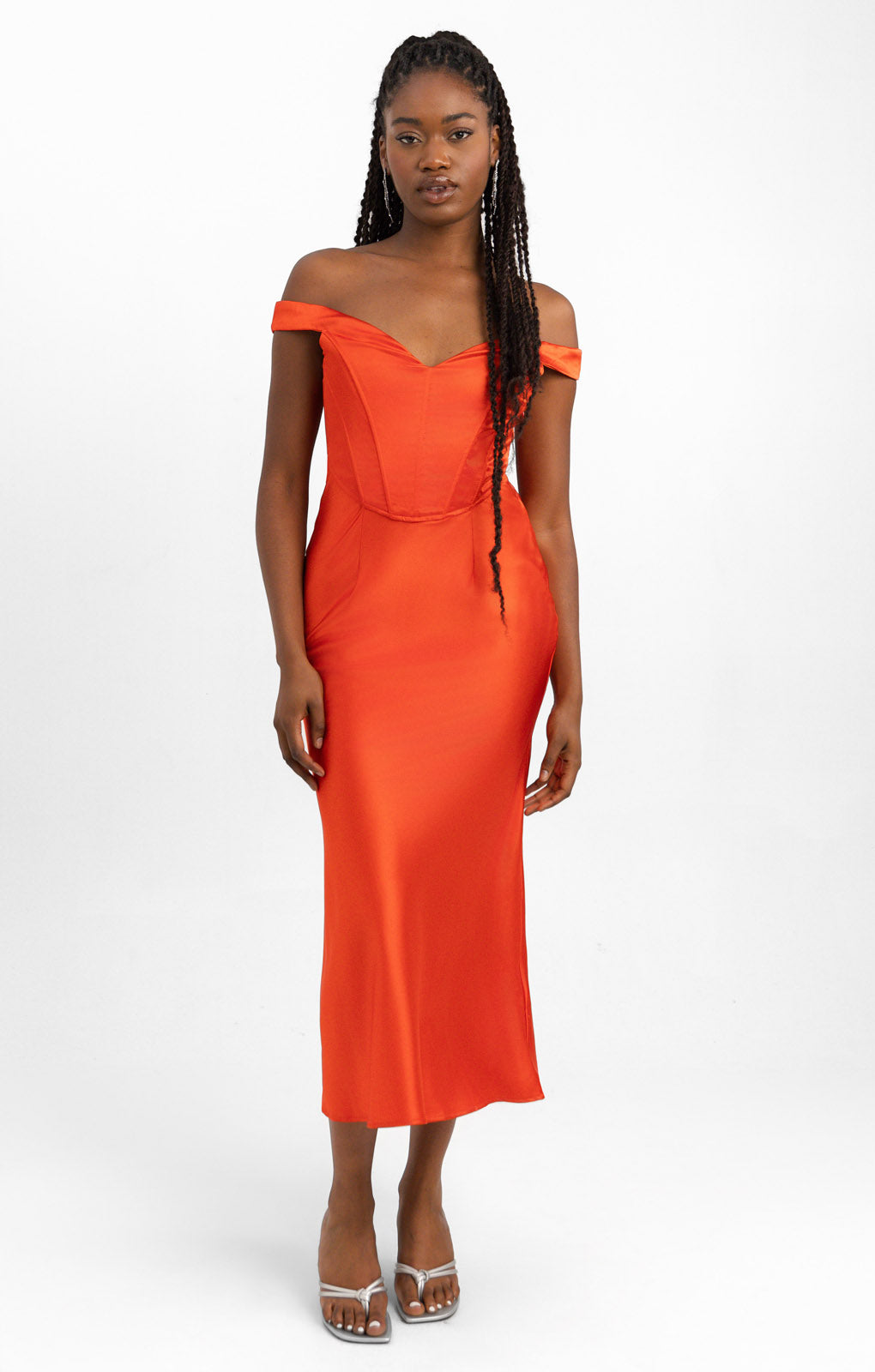 Rare London Satin Bardot Corset Detail Midi Dress In Red