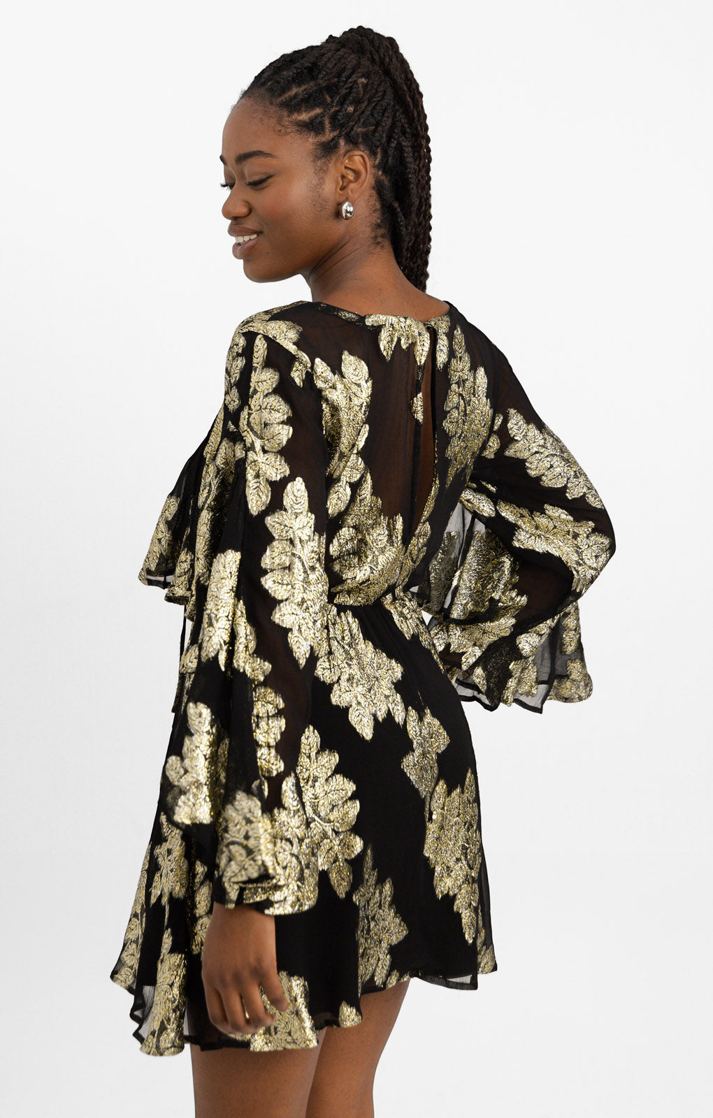 ASOS DESIGN Metallic Frill Detail Mini Dress With Lace Up Neck In Black Pattern