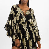 ASOS DESIGN Metallic Frill Detail Mini Dress With Lace Up Neck In Black Pattern