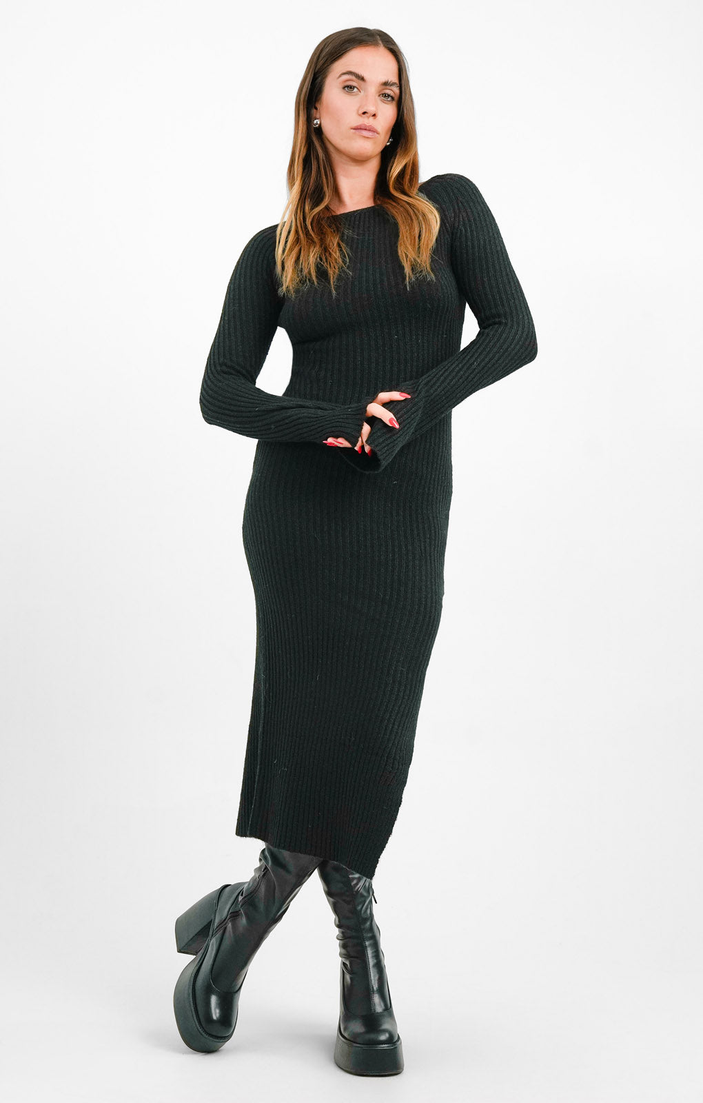 Miss Selfridge Fitted Knit Lattice Back Maxi Dress In Black