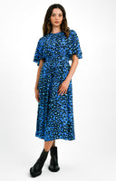 Whistles Flutter Sleeve Midi Dress In Midnight Leopard Print