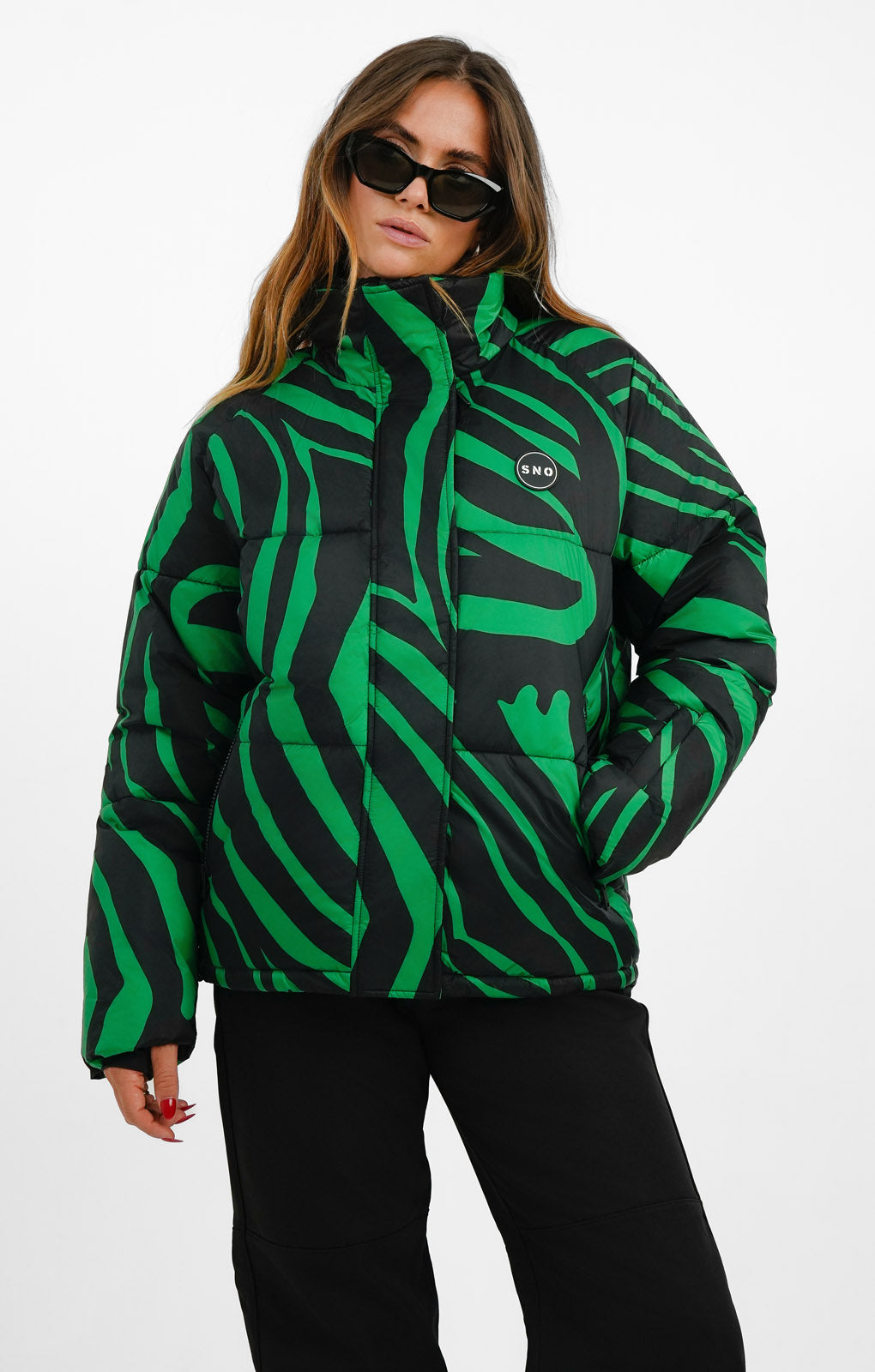 Topshop Sno Funnel Neck Puffer Ski Jacket In Green Zebra Print