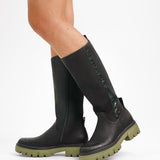 Replay Chunky Knee High Boots In Black With Khaki Sole