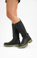 Replay Chunky Knee High Boots In Black With Khaki Sole