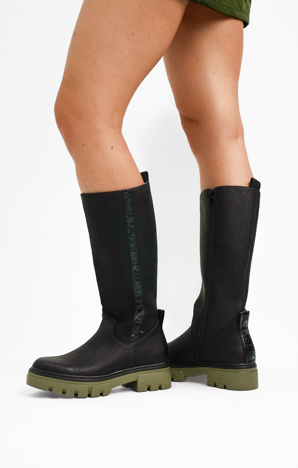 Replay Chunky Knee High Boots In Black With Khaki Sole
