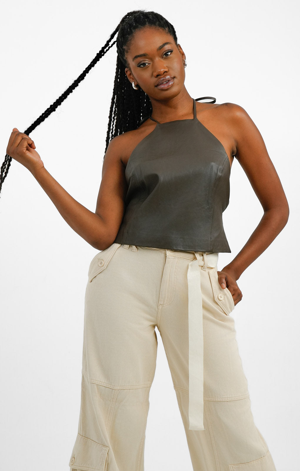 Muubaa Halter Neck Cropped Leather Top In Brown