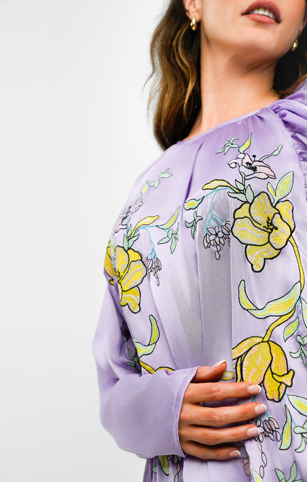 ASOS DESIGN Embroidered Satin Volume Sleeve Midaxi Dress In Lilac