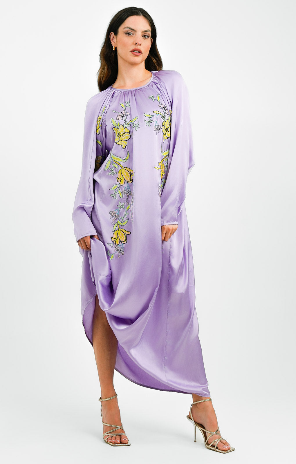 ASOS DESIGN Embroidered Satin Volume Sleeve Midaxi Dress In Lilac