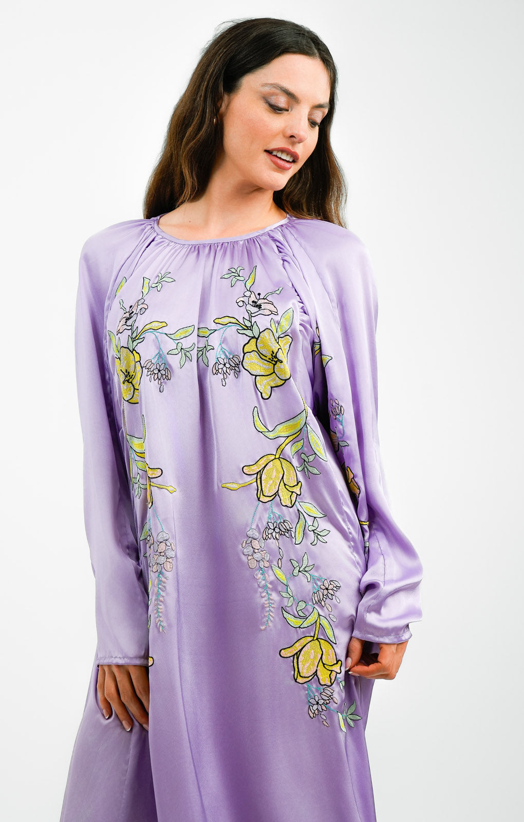 ASOS DESIGN Embroidered Satin Volume Sleeve Midaxi Dress In Lilac