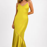 Never Fully Dressed Asymmetric Contrast Satin Slip Dress In Chartreuse