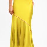 Never Fully Dressed Asymmetric Contrast Satin Slip Dress In Chartreuse