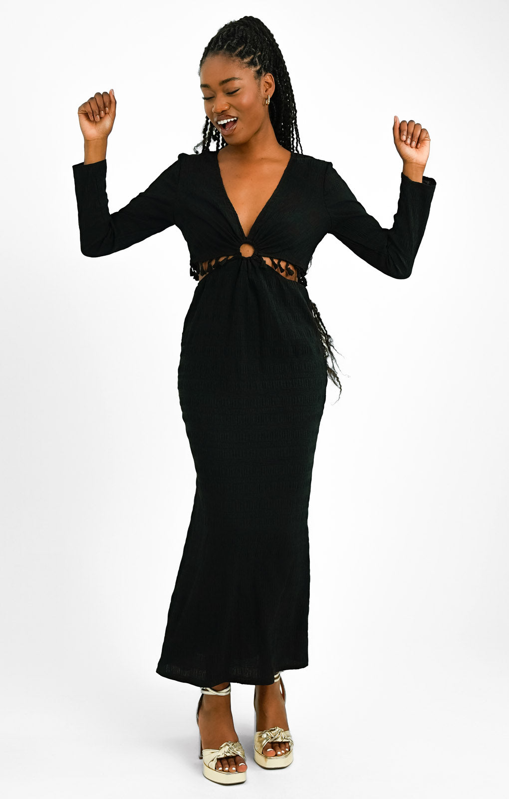 hardware detail cut-out midaxi dress in black Black Cut Out Gold Button Detail Midaxi Dress