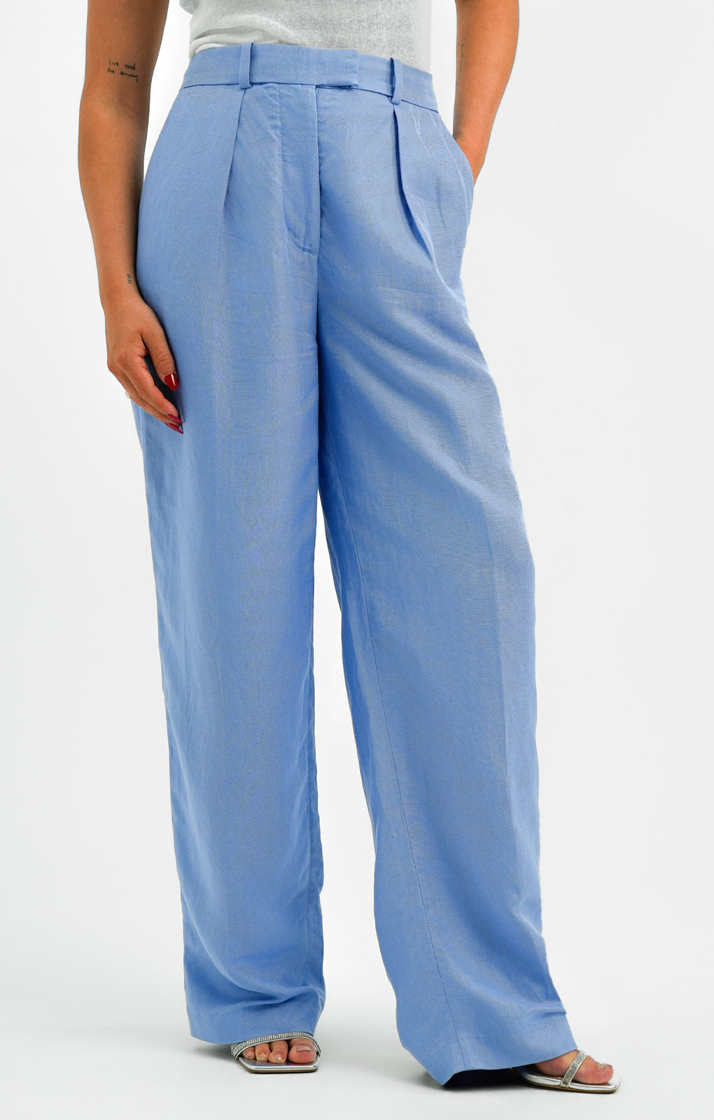 Linen Blend Tailored Trousers In Blue