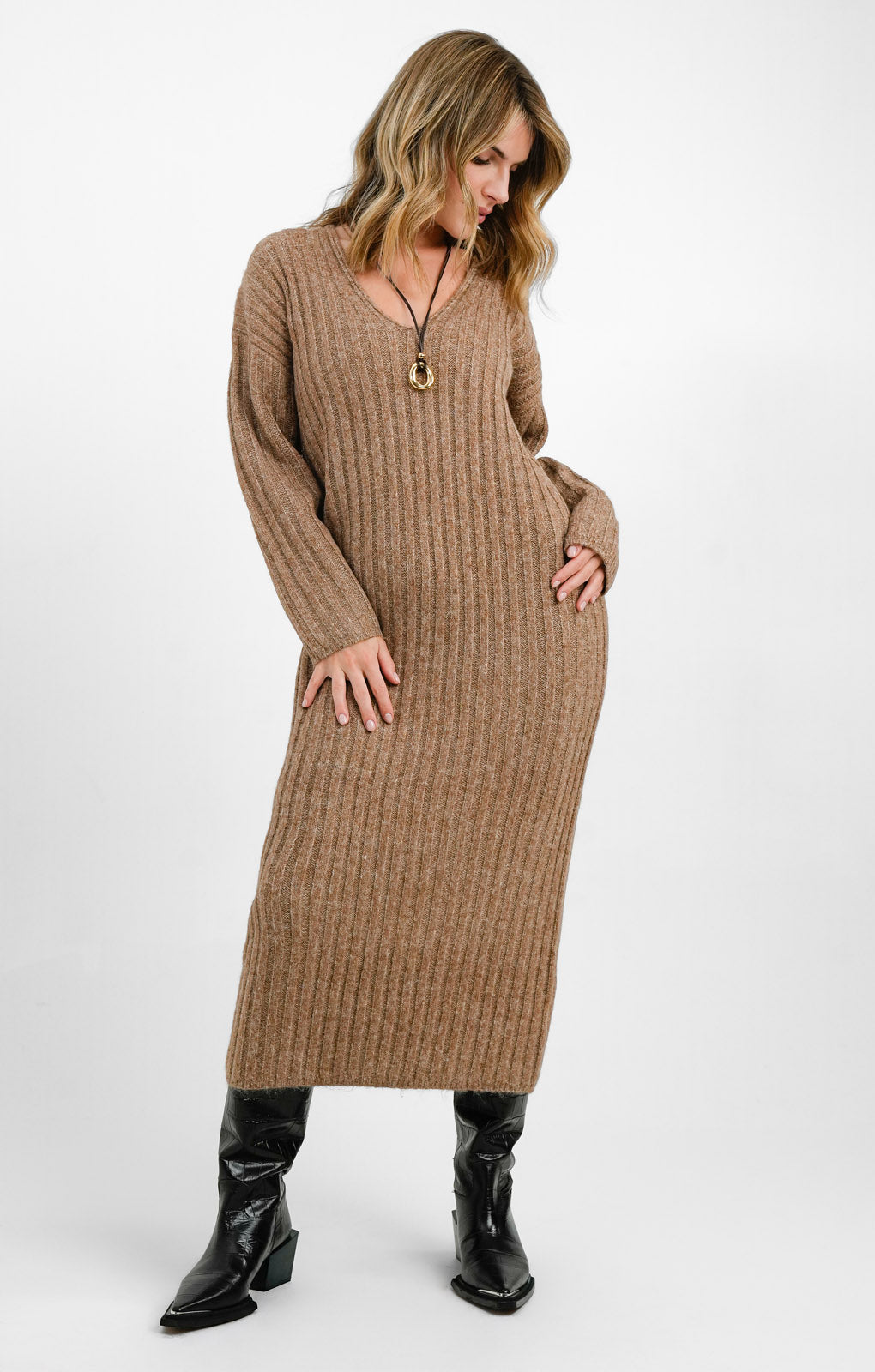 ASOS DESIGN Knitted V Neck Maxi Dress In Rib In Camel