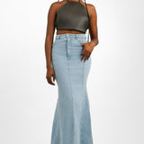 Topshop Tall Highwaist Denim Fishtail Skirt In Bleach