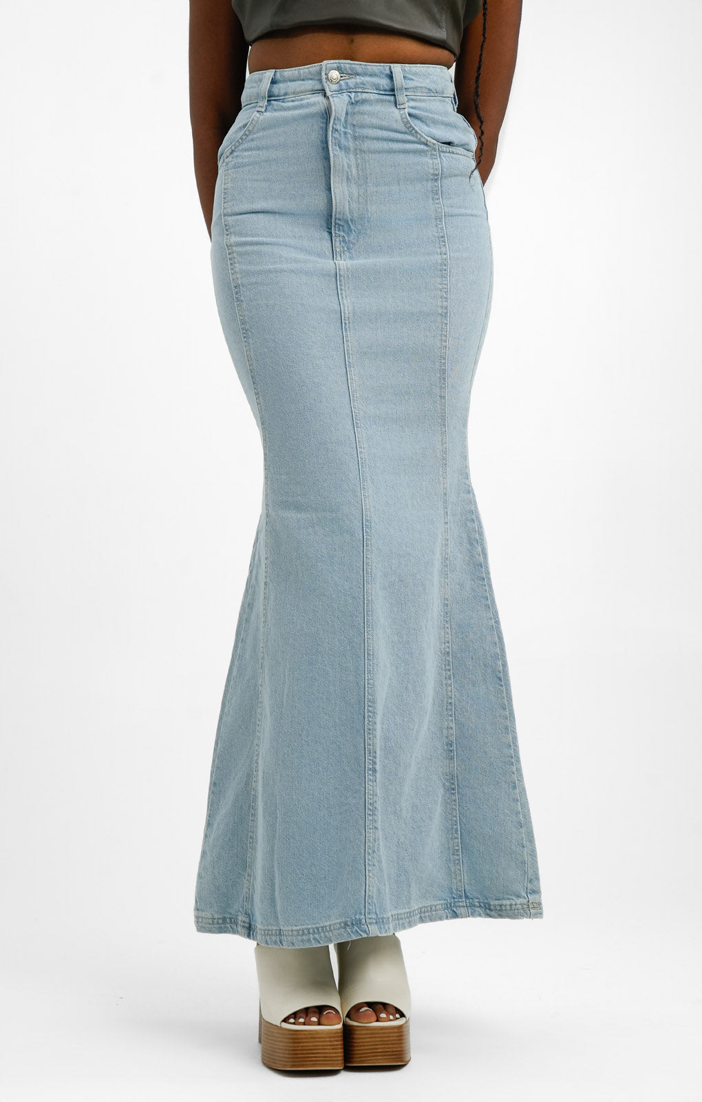 Topshop Tall Highwaist Denim Fishtail Skirt In Bleach