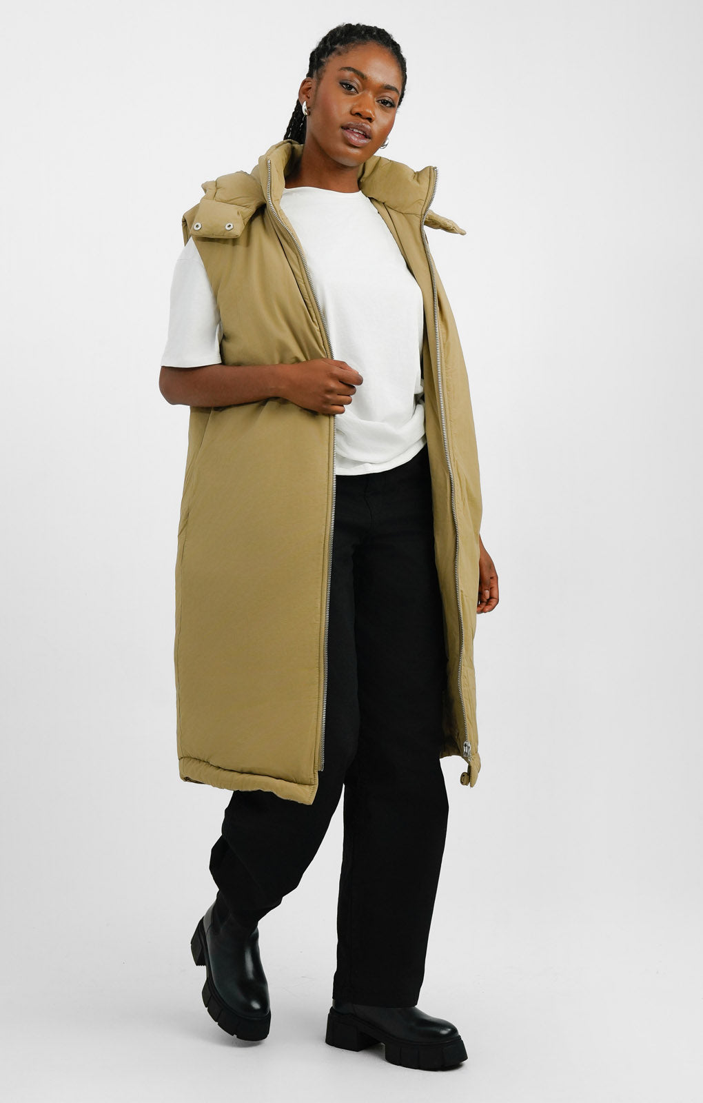 ASOS DESIGN Longline Paper Touch Gilet With Hood In Washed Khaki