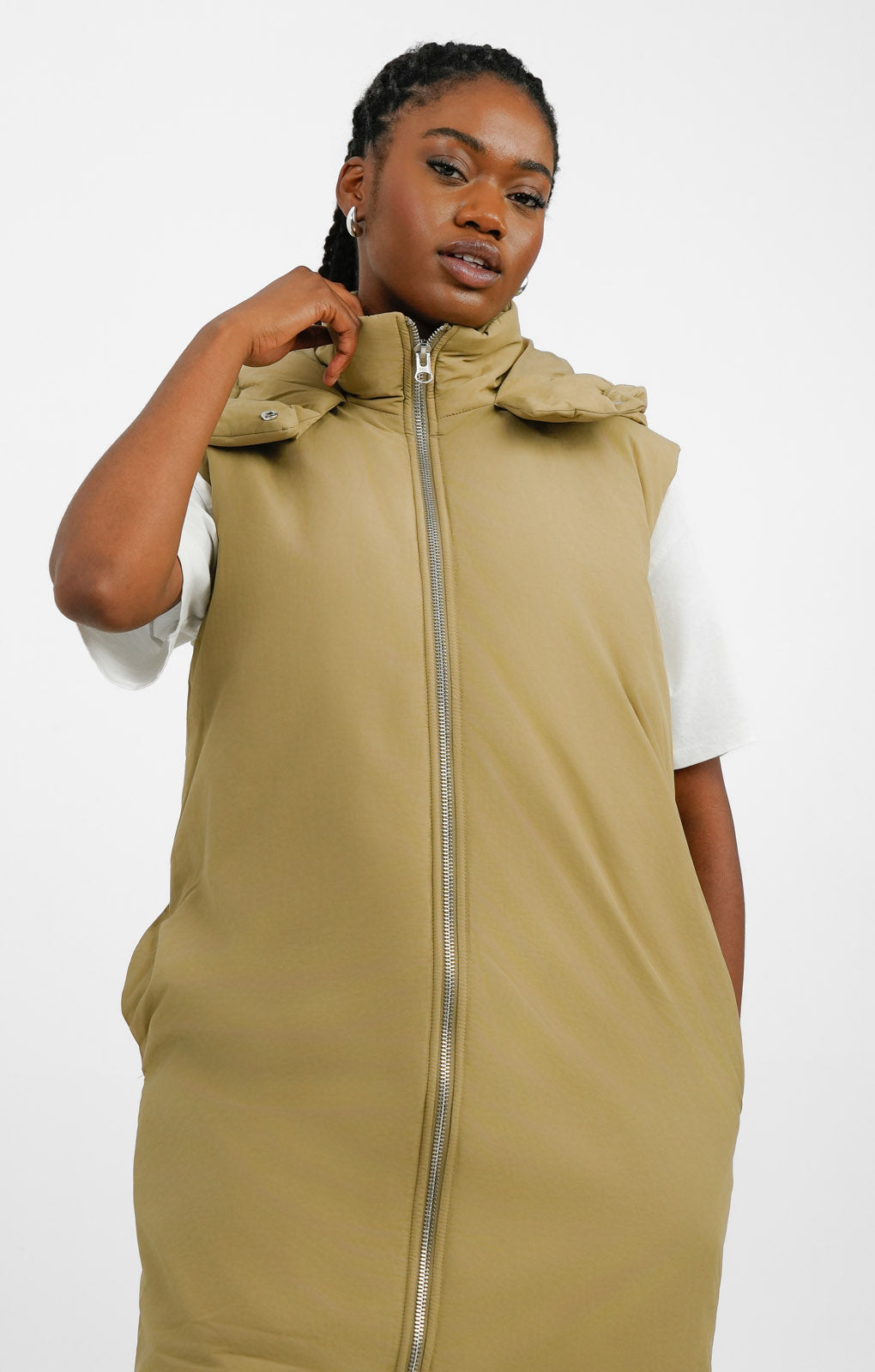 ASOS DESIGN Longline Paper Touch Gilet With Hood In Washed Khaki