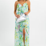 ASOS DESIGN Cami Mesh Maxi Dress With Sash In Blue Smudge Floral Print