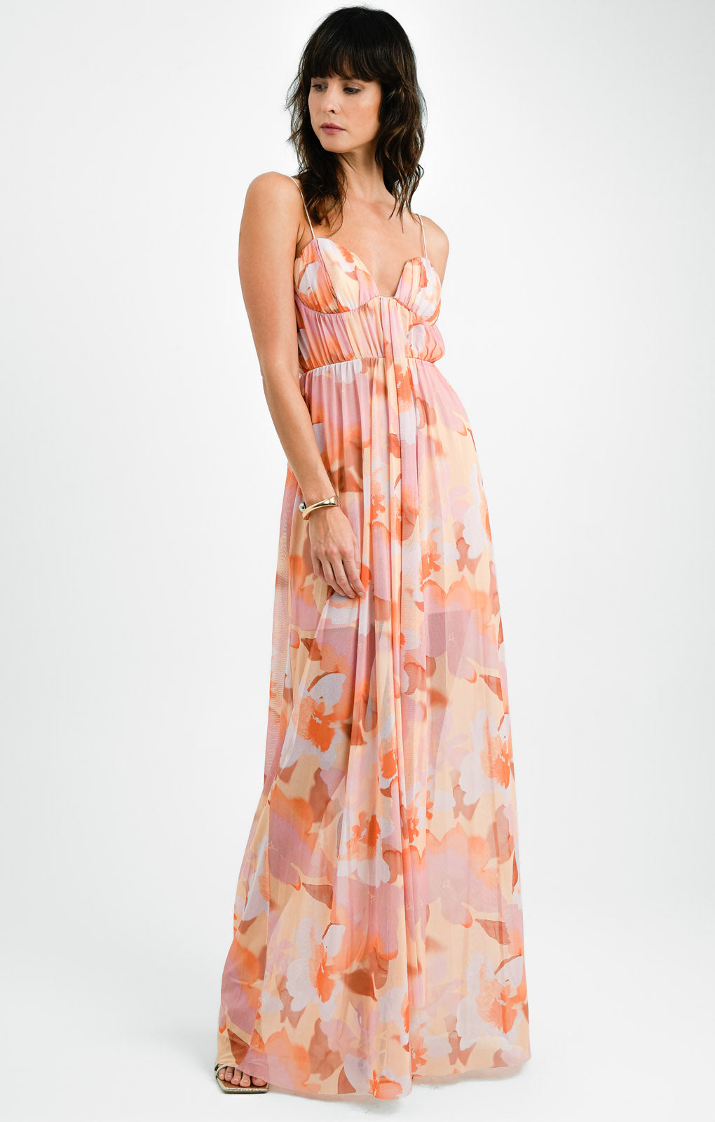 ASOS DESIGN Tall Cami Mesh Maxi Dress With Sash In Orange Smudge Print