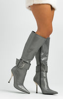 Steve Madden Priyanka Knee Boots With Buckle In Metallic Pewter