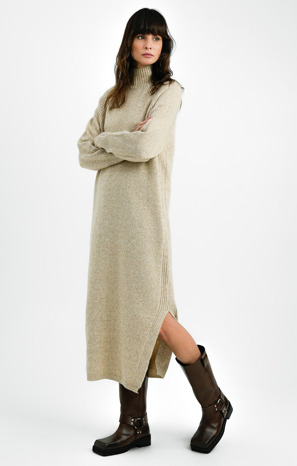 ASOS DESIGN Tall Knitted Oversized Midi Dress With High Neck In Stone