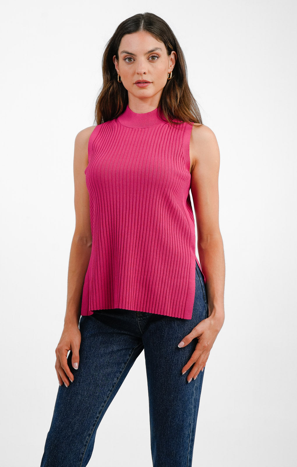 Whistles High Neck Sleeveless Ribbed Top In Hot Pink Top