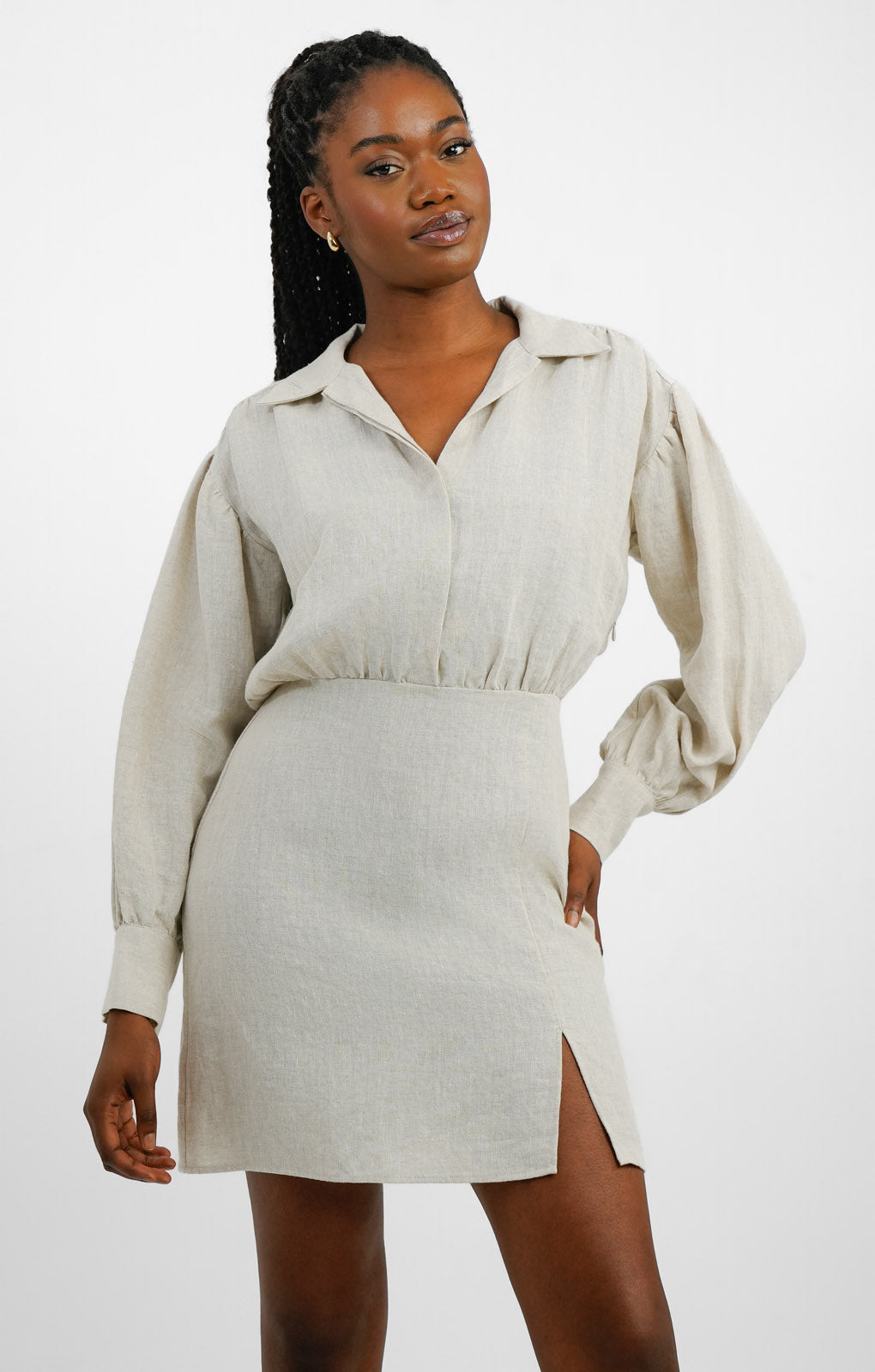 Linen Mini Shirt Dress In Beige